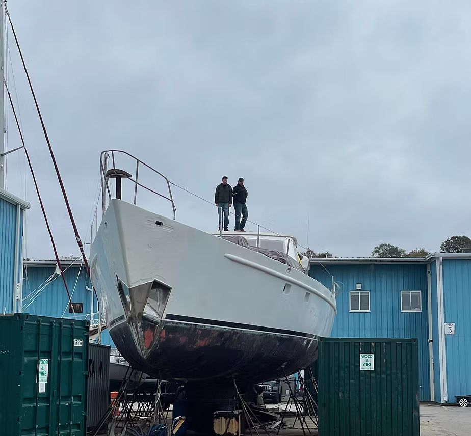 Ty Fields and Jasper aboard the Pacific Star before the build began, 2024